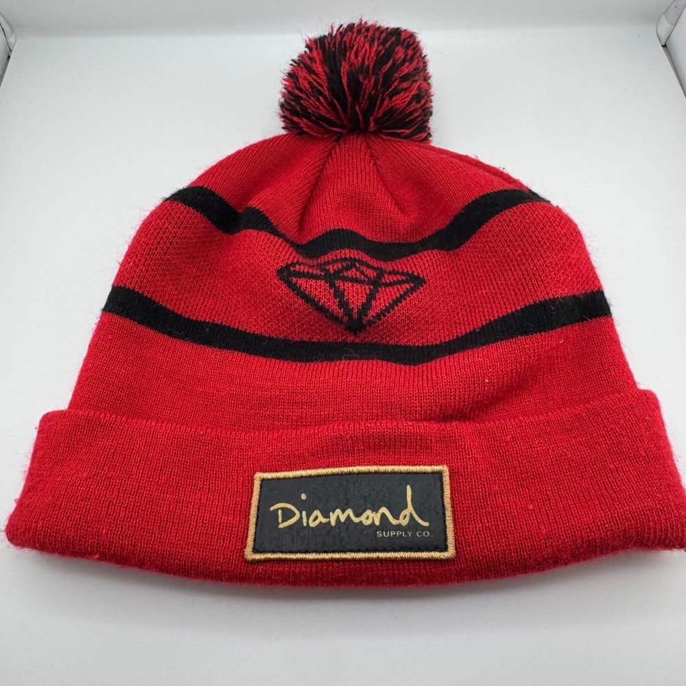 Diamond Supply Co Beanie OS Red Black Good Striped Pom Pom Cuffed Knit Hat